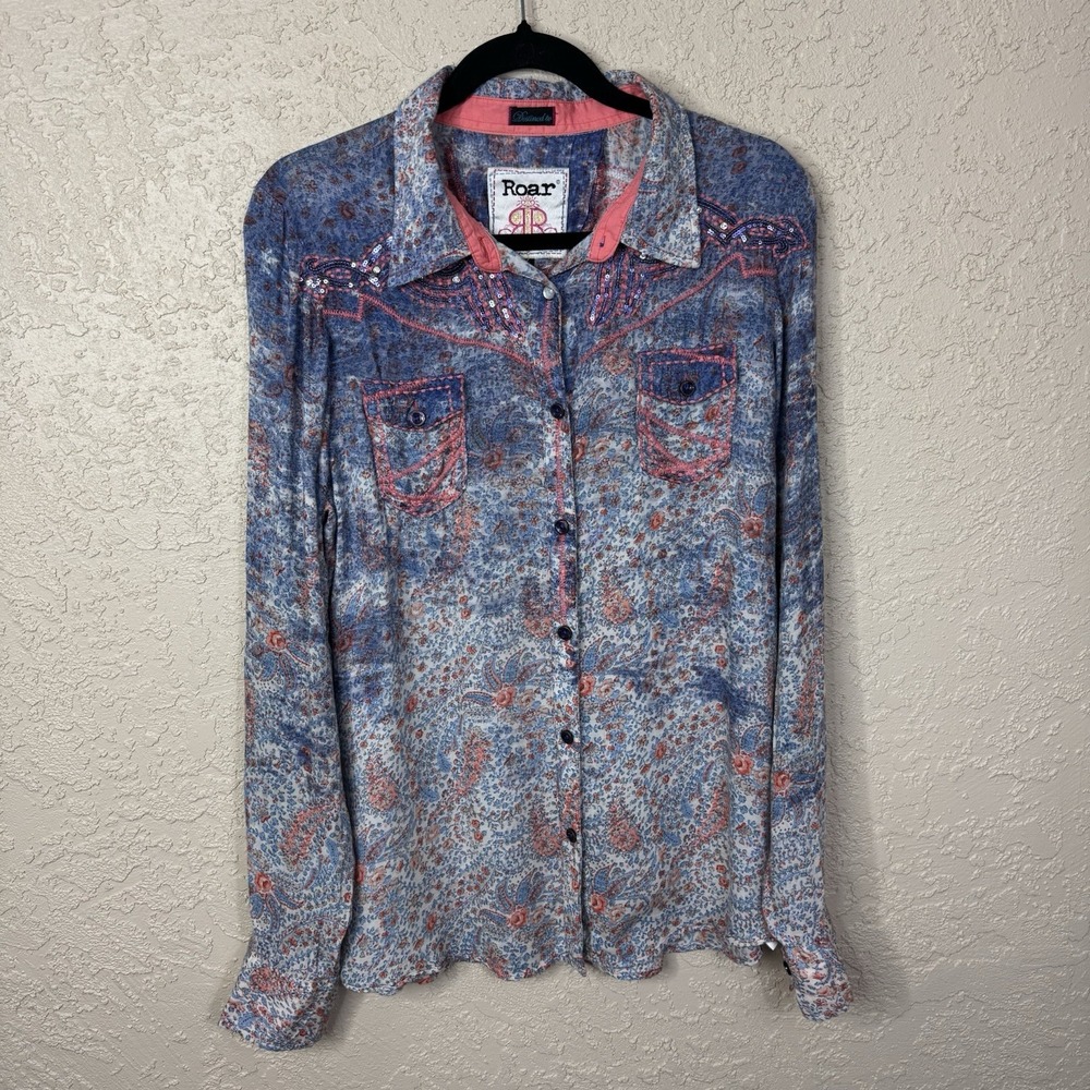 Roar Womens Paisley Embroidered Western Hope Shirt Size M Sequins 100% Cotton